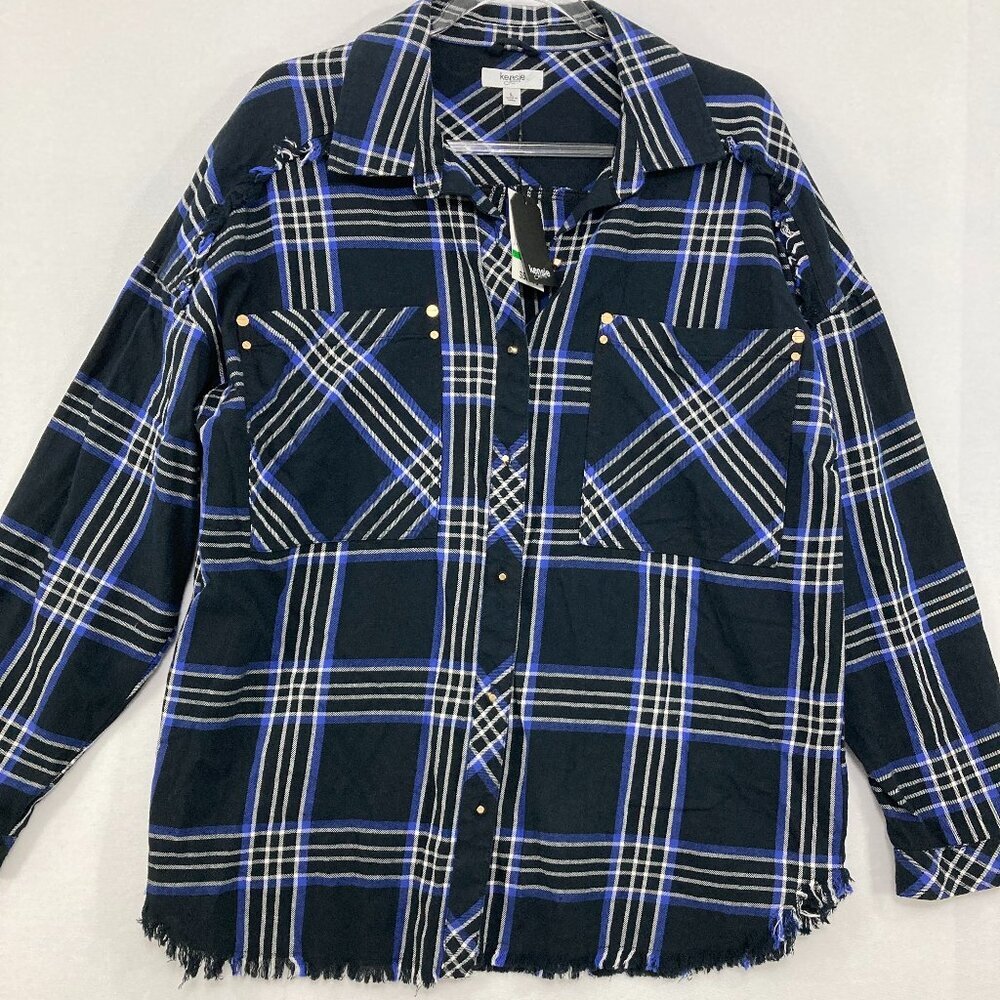 New Kensie Large‎ Blue Black Plaid Frayed Hem Cotton Relaxed Button Down